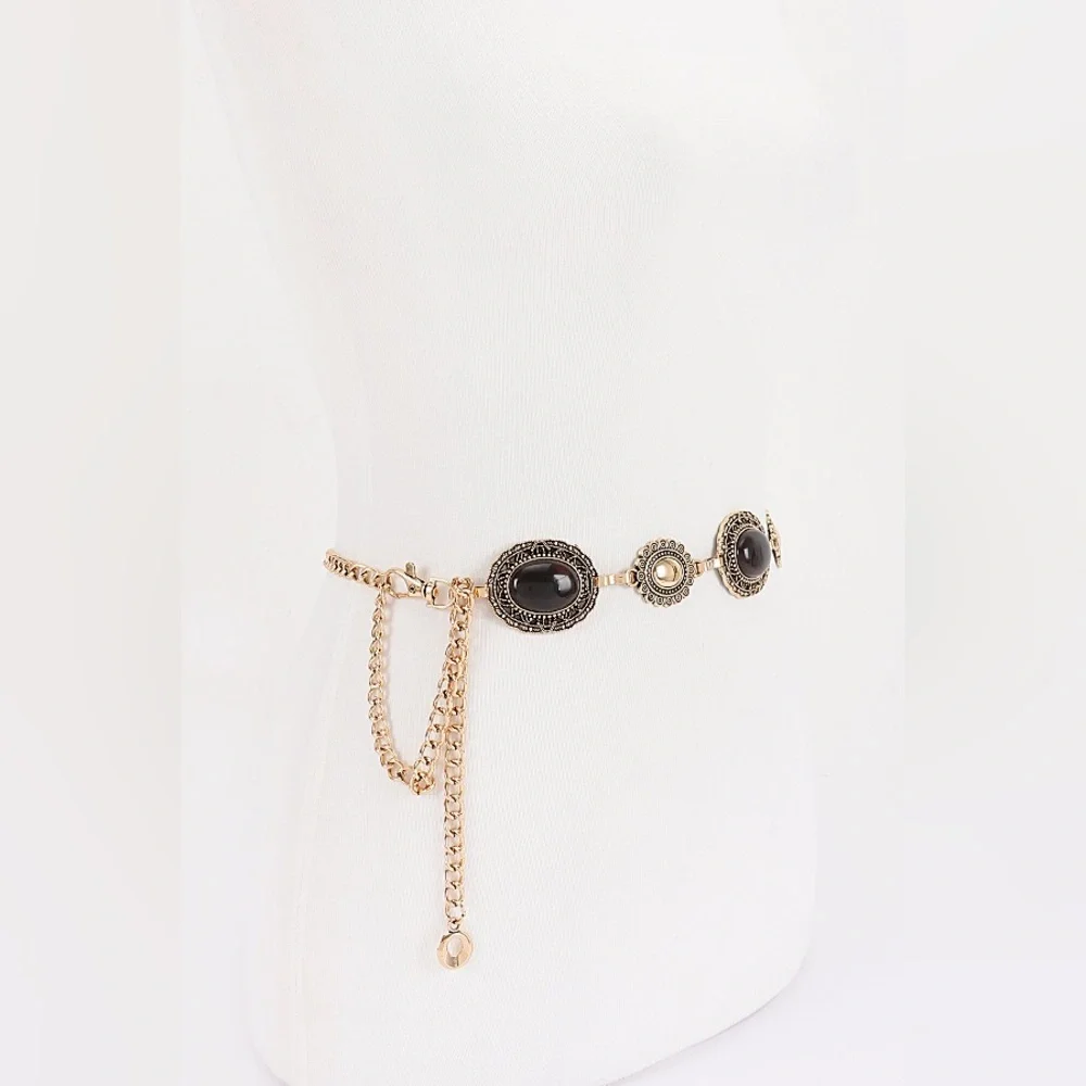 Gold Chain Medallion Waist Belt with Black Stones